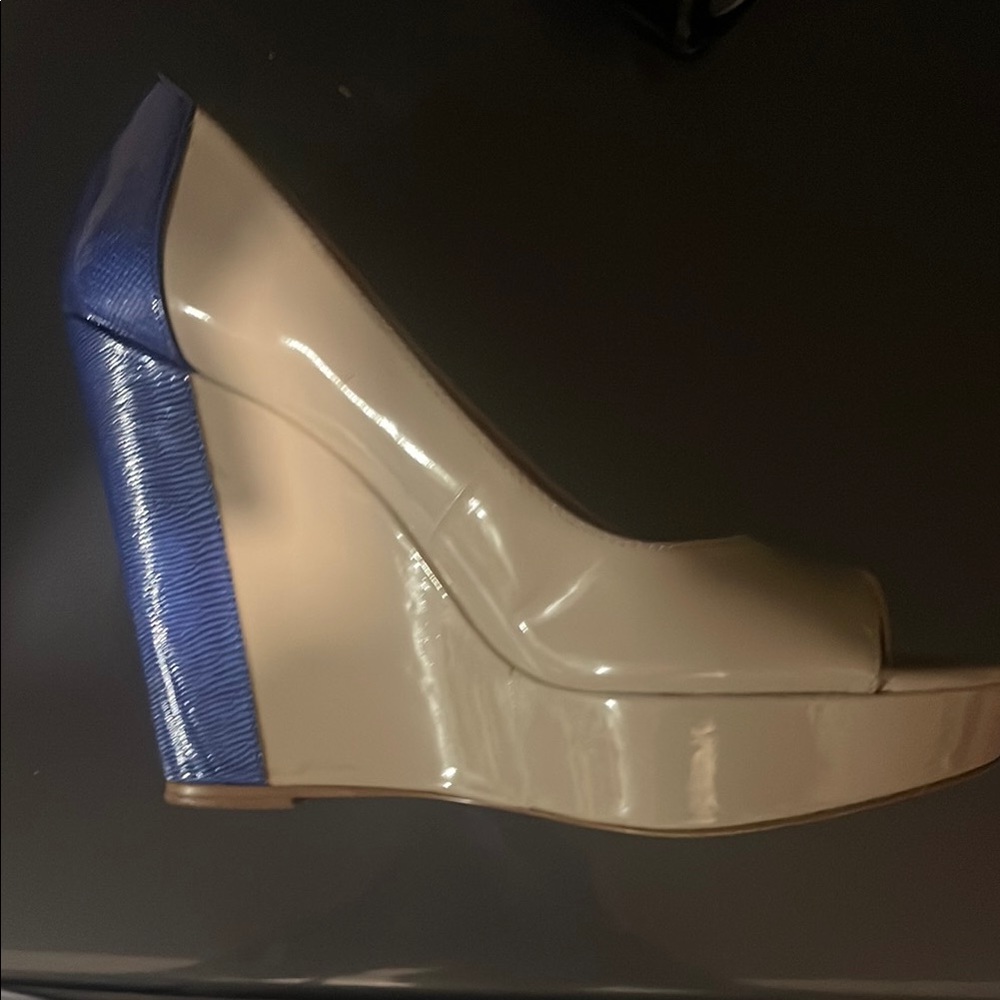 Elegant Cream and Blue Wedge Heels
